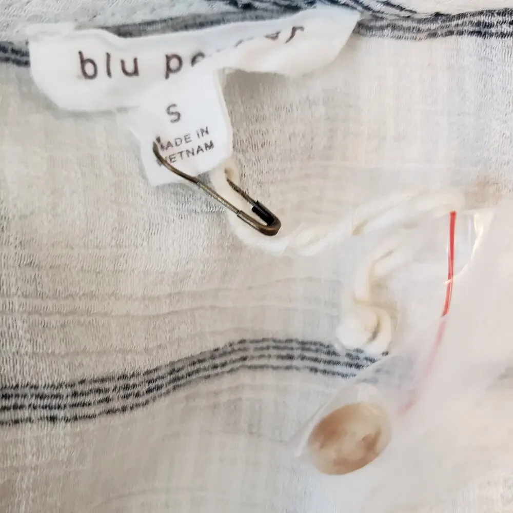 Blu Pepper Striped Peplum Blouse‎ Navy White Button Up Baby Doll Small - Picture 3 of 13